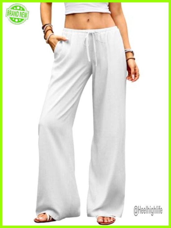 Pants - Wide Leg Linen Pants, Cotton-Linen Blend Palazzo Trousers, Low Rise Drawstring